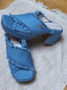 Buty damskie klapki na obcasie jeansowe skórzane skóra naturalna chodaki