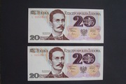 2 x 20 złotych 1982 r. - ser. L - RZADSZA - UNC - KOLEJNE NUMERY