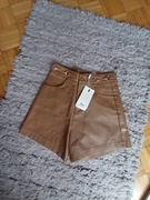 Brązowe skórzane spodenki z wysokim stanem XS S 