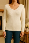 SWETER CROPP XS - KREMOWY, PRĄŻKOWANY, AKRYL, BARDZO DOBRY STAN