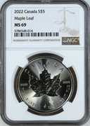 Srebrna moneta 5 Dollars Kanadyjski Liść Klonowy 2022 1 oz Ag 999 NGC  MS69