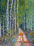 Leśny pejzaż z liskiem, olej na płótnie 40x30 cm