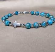 Niebieska bransoletka różaniec na rękę z kamieni krzyż serduszko prezent 