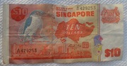 Singapur SGD $ 10 dolarów 2. seria 1976-1980 P# 11b Ptak Łowczyk obrożny