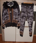 Piękny  szaro czarny welurowy dres Moro _TATU_ cyrkonie futerko  r. 38/40