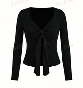 CZARNA BLUZKA Z DŁUGIM RĘKAWEM WIĄZANIE rozm. 34 / XS (A013)