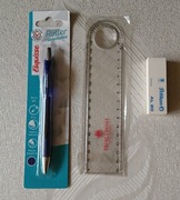 ZESTAW DŁUGOPIS ŻELOWY, LINIJKA Z LUPĄ I KĄTOMIERZEM, GUMKA DO GUMOWANIA 