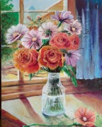 Olej na płótnie, Kwiaty w oknie  40x60 cm