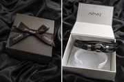 Nowa Męska Bransoletka APART Czarna Skóra i Stal – Komplet z Pudełkiem