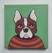 Portret buldoga francuskiego w swetrze. Obraz akrylowy 20x20 cm