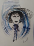 Akwarelowy portret  "Kobieta stylowa w kapeluszu z niebieską poświatą".