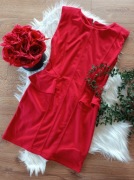 Prosta czerwona sukienka z baskinką biurowa basicowa bez rekawow damska M L