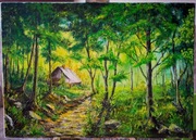 Obraz olejny,,Chata w lesie"