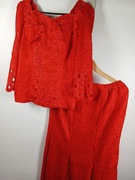 Czerwony koronkowy komplet bluzka spódnica vintage M