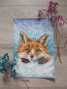 "Ciekawość ukryta w śniegu" - Akwarela 27,5x18,5 cm, ręcznie malowana.