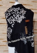 Piękny szal boho haft 50%kaszmir 50% wełna Cashmere r200x70 czarny wzór beż