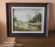 Niderlandzki obraz olej na desce w ramie XXw. Wiejski krajobraz.