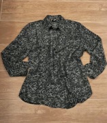 Czarna klasyczna koszula bluzka z linearnym wzorem kwiatowym z lat 80-tych