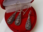 Stary srebrny ażurowy komplet kolczyki zawieszka