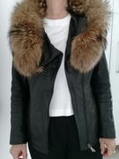 Kurtka damska parka ocieplana - skóra naturalna, z kapturem, czarna