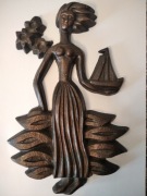 PRL Metal rzeźba socrealizm kobieta statek Vintage