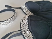 Czarny gorset kamienie cyrkonie elegancki glamour + opaska kryształy L 40 