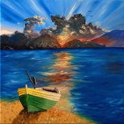 LOdz o zachodzie slonca,obraz olejny,obraz na plotnie,wielobarwny