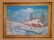 Obraz  zima, chata w zimie, 