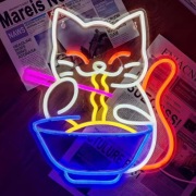 Neon jedzący pałeczkami Kot 38x33cm lampka LED Bar kuchnia kotek szczęśliwy