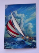 Widokówka 3D z lat 70-tych - żaglówka na morzu