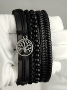 Bransoletka męska czarna skórzana drzewo drzewko zestaw 4w1