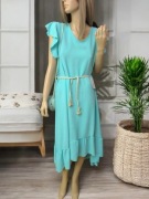 NOWA Miętowa długa sukienka maxi krótki rękaw falbanki z paskiem M 38