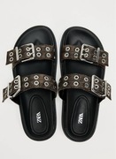 ZARA klapki sandały srebrne klamry vintage platforma ćwieki gruba podeszwa