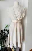 Beżowa sukienka z paskiem boho S 36 kopertowa sesja midi