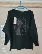 czarny sweter nietoperz z kotami i cyrkoniami made in italy nowy