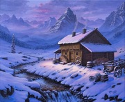 Chata i wóz zimą - Obraz akrylowy na płótnie 60x50cm.