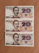 Zestaw Banknoty PRL 20 zł SER. AC, F, Y 1982