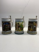 Zestaw kufli BMF z cynowymi kapami. Motyw bawarski, biesiadny.