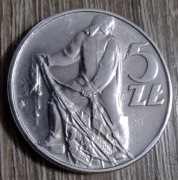 5 złotych Rybak 1974 obiegowa kawałek siatki przy udzie trawka