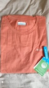 Columbia pomarańczowy t-shirt rozm XL nadruk na plecach organiczna bawełna 