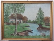 stary obraz w ramie J Barańska Krajobraz wiejski 64,5 x 49,5 cm szt