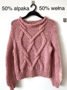 Wełniany sweter alpaka wełna merino warkocz handmade pleciony gruby splot