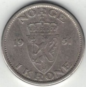 Norwegia 1 korona krone 1951 - 25 mm - nowy typ - nr 1