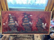 Duży obraz 3 statki welur 3D 115,5cmx55cm Antyk