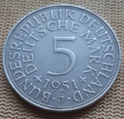 MONETA 5 MAREK. SREBRO 0,625. 1951 ROK. MENNICA J - HAMBURG.