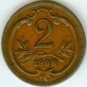 AUSTRIA 2 HELLER 1908 Cu - bardzo ładny stan 