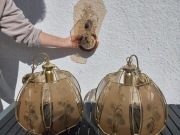 Komplet 2 lamp wiszących + kinkiet vintage – mosiądz, grawerowane szkło