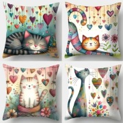 Poszewka na poduszkę, kolorowe kotki, serduszka, 60x60cm, komplet 4szt.
