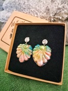 Boho kolczyki w kształcie liści pudrowy róż i zieleń