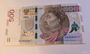 Banknot obiegowy 500zl seria AA